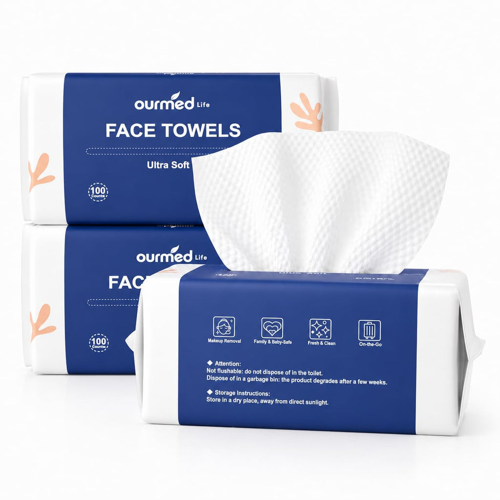 Ourmed Life Face Towels, Disposable Biodegradable Clean Facial Towels for Sensitive Skin, Lint- free Face Cloths for Makeup Remover, Skincare and Women Cleaning, Dry Wipes,100 Count EF Texture | Clinically Tested, Reduce Redness, Skin Soothing, Sensitive