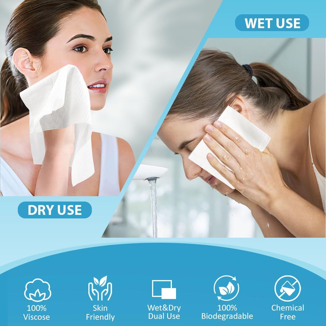 HOMEXCEL Face Towels, Disposable Face Towelette Ultra Soft & Absorbent | Biodegradable Makeup Remover Dry Wipes, Facial Wash Cloth for All Skin, Lint-Free for Skincare & Cleansing, 100 Count (2 Box)