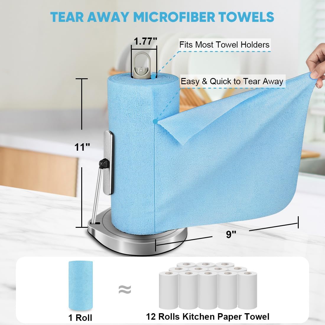 AIDEA Microfiber Cleaning Cloth Roll, Blue Shop Towels 55 Sheets 11×9" | Reusable Paper Towels, Microfiber Towels for Cars, Microfiber Rags for Automotive,Workshop, House, Kitchen, Cleaning Supplies