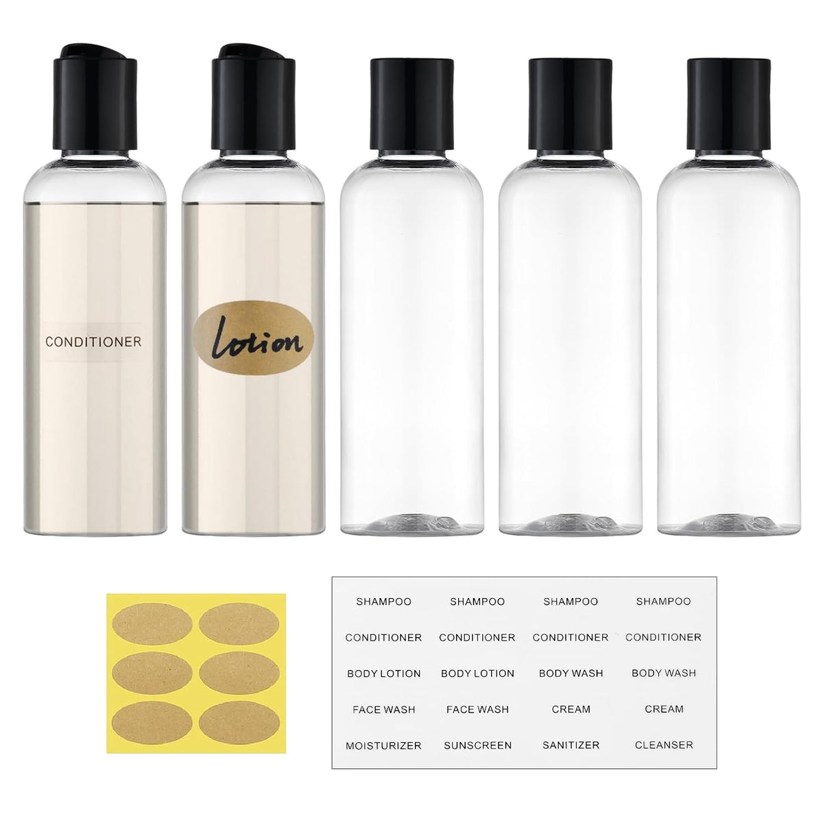Travel Bottles for Toiletries, 3.4 oz Travel Size Containers, 5pcs, Clear | Squeezable empty plastic bottles, TSA approved, leak proof, with labels, for liquids & shampoo lotion, gym essentials