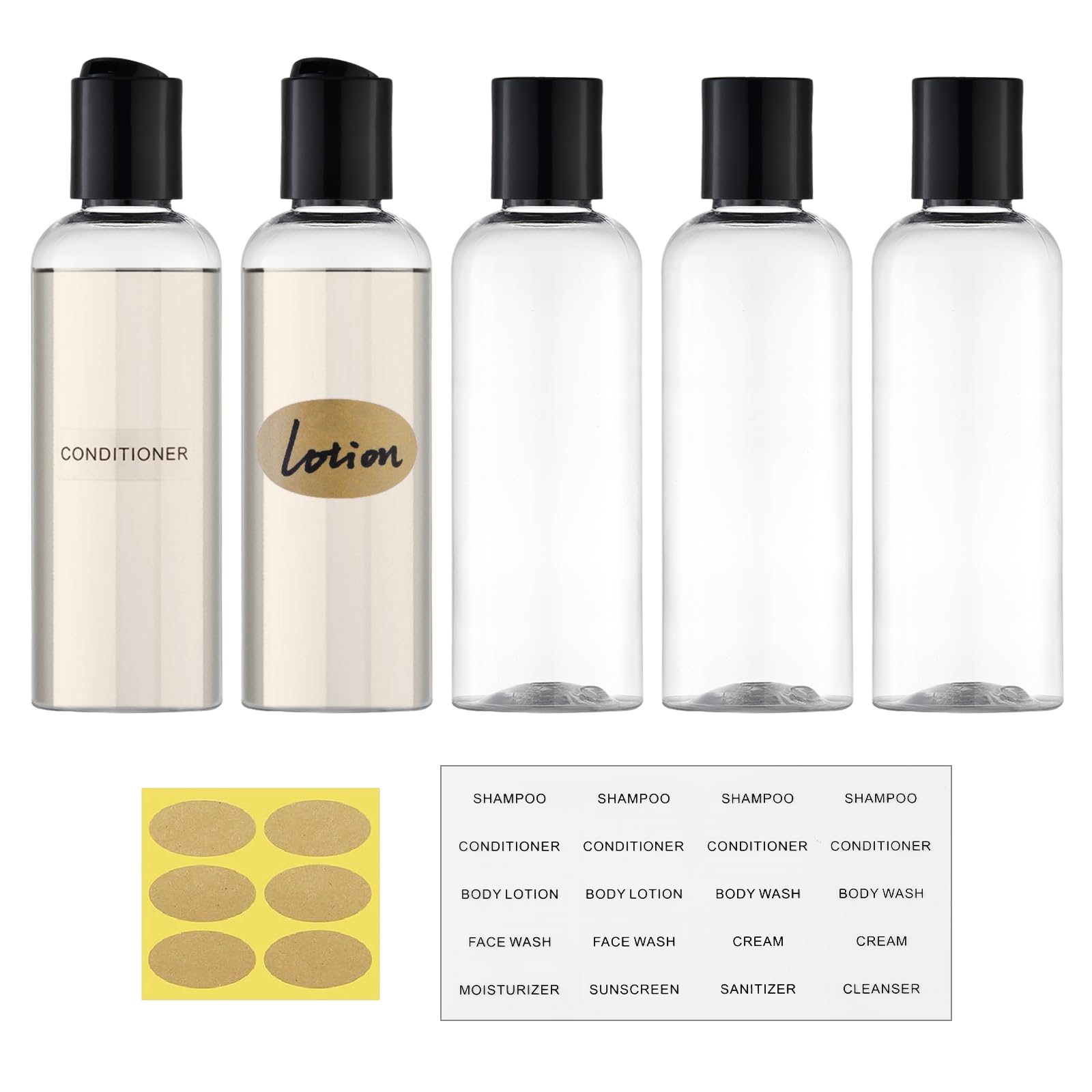 Travel Bottles for Toiletries, 3.4 oz Travel Size Containers, 5pcs, Clear | Squeezable empty plastic bottles, TSA approved, leak proof, with labels, for liquids & shampoo lotion, gym essentials