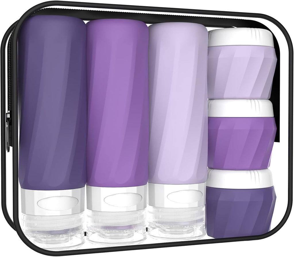 6Pcs Travel Bottles for Toiletries, Silicone Travel Size Containers Set | TSA Approved BPA-FREE Silicone Leak Proof Refillable Bottles and Jars, Women & Men Airplane Cruise Essentials Kit (PURPLE)
