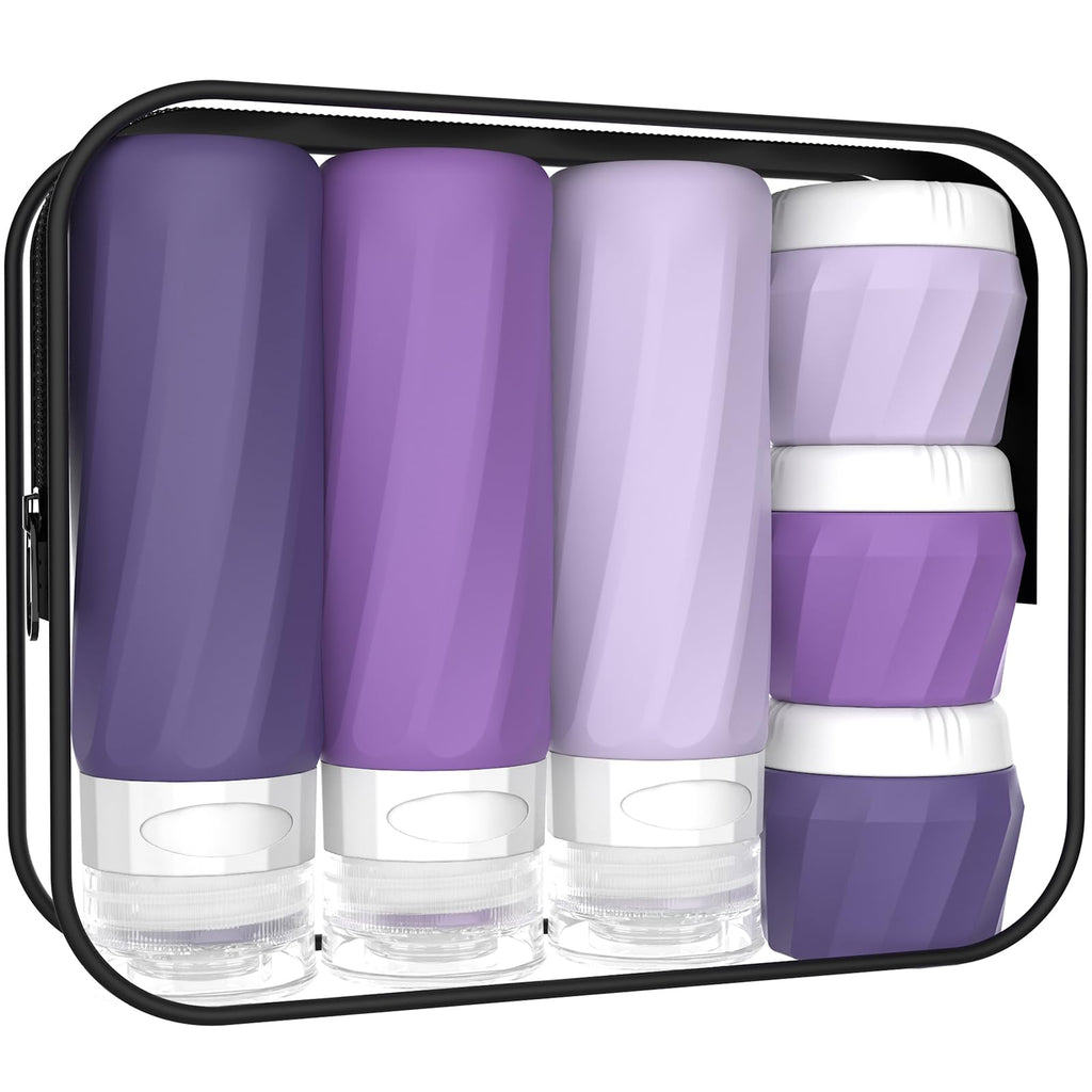 6Pcs Travel Bottles for Toiletries, Silicone Travel Size Containers Set | TSA Approved BPA-FREE Silicone Leak Proof Refillable Bottles and Jars, Women & Men Airplane Cruise Essentials Kit (PURPLE)