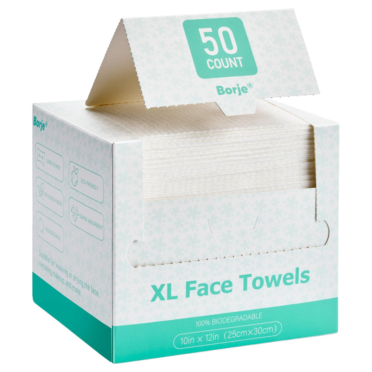 Borje Face Towels XXL, Disposable Face Towel 10" x 12", 100 Count (2 Packs of 50), 100% USDA Biobased Facial Towelettes, Ultra Soft & Hygienic Makeup Remover Dry Wipes for Women Cleansing