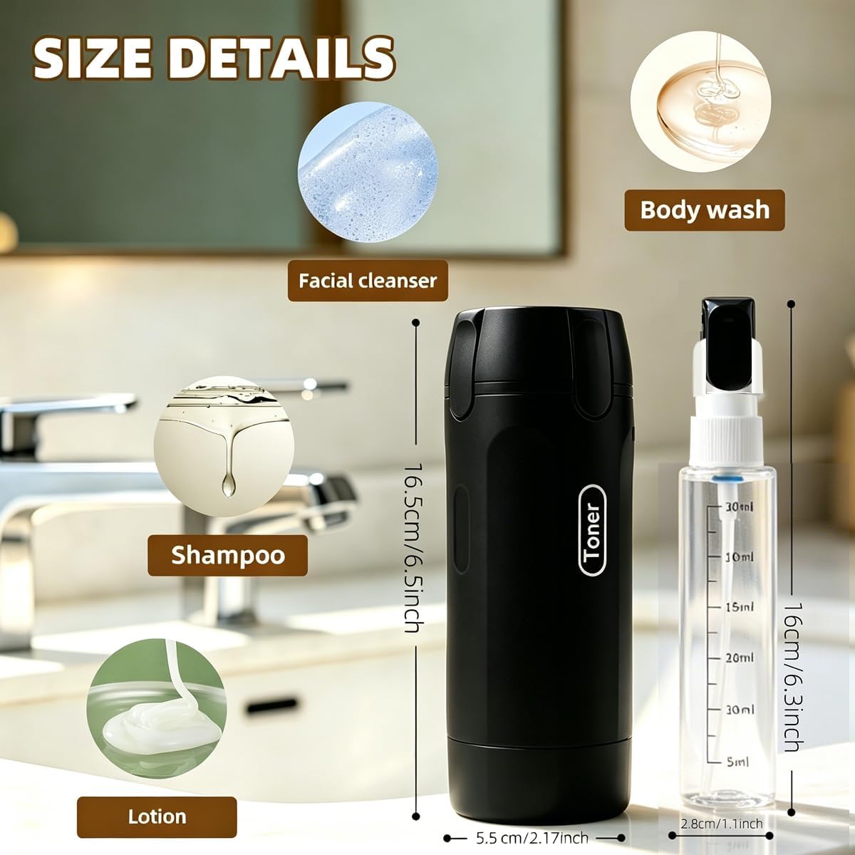 4-in-1 Travel Dispenser Bottle,4 Pack 30ML Travel Bottles for Toiletries, Leak Proof Travel Size Containers (Black)