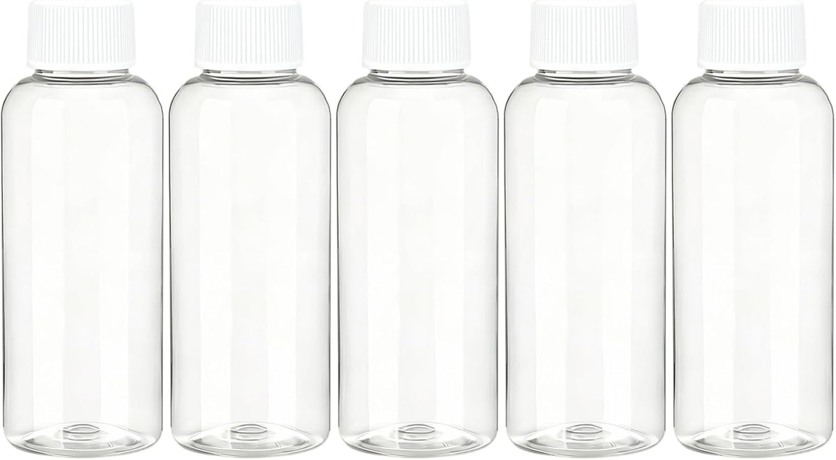 DNSEN Travel Size Empty Mouthwash Bottles 3.4 oz, White Screw Cap, Clear Toiletry Containers, 5 Pack