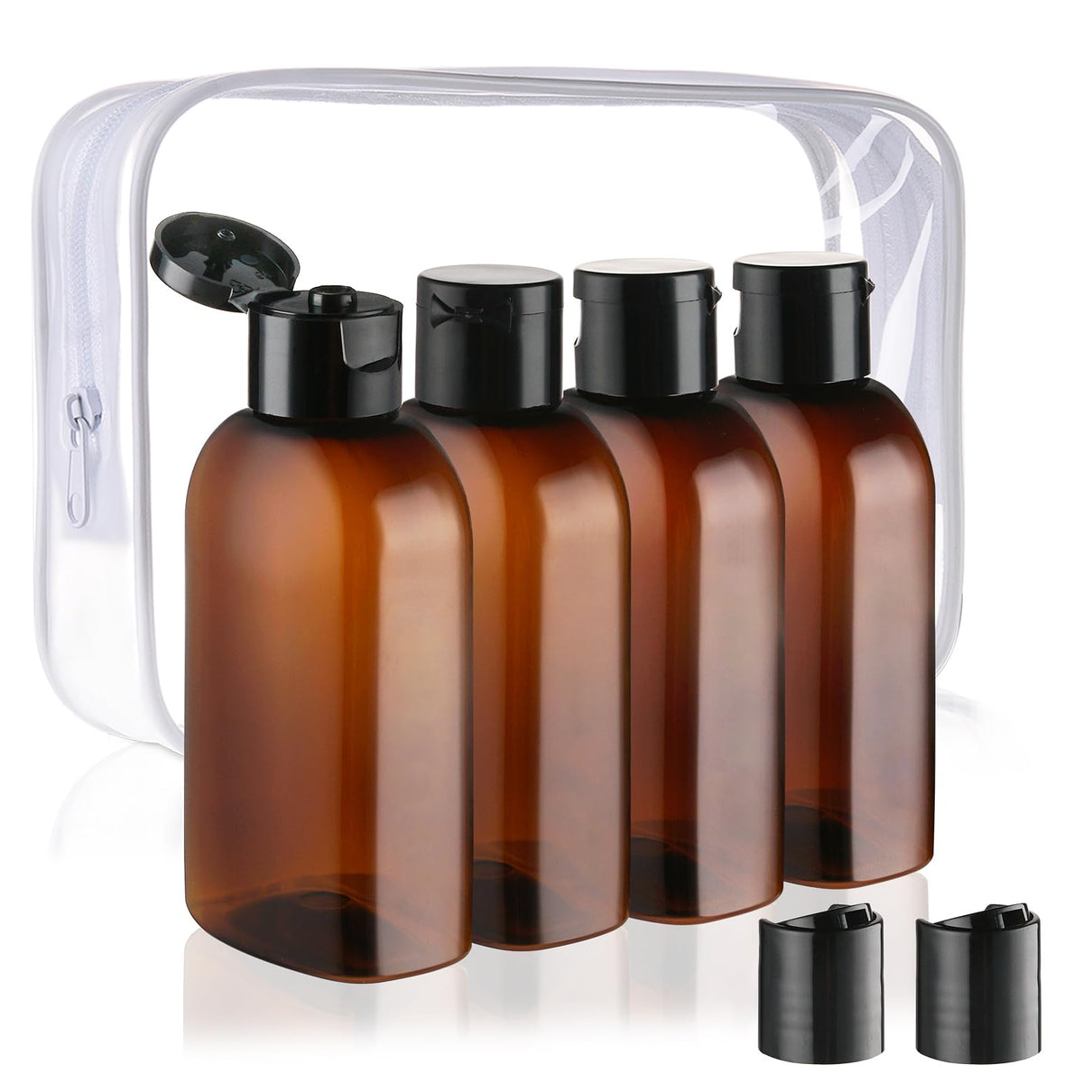 Cosywell 4 Pack 3.4 oz Preprinted Travel Bottles for Toiletries | Brown Bottles are Preprinted with SHAMPOO, CONDITIONER and BODY SOAP, One is Blank, Includes Flip Caps and a Toiletry Bag