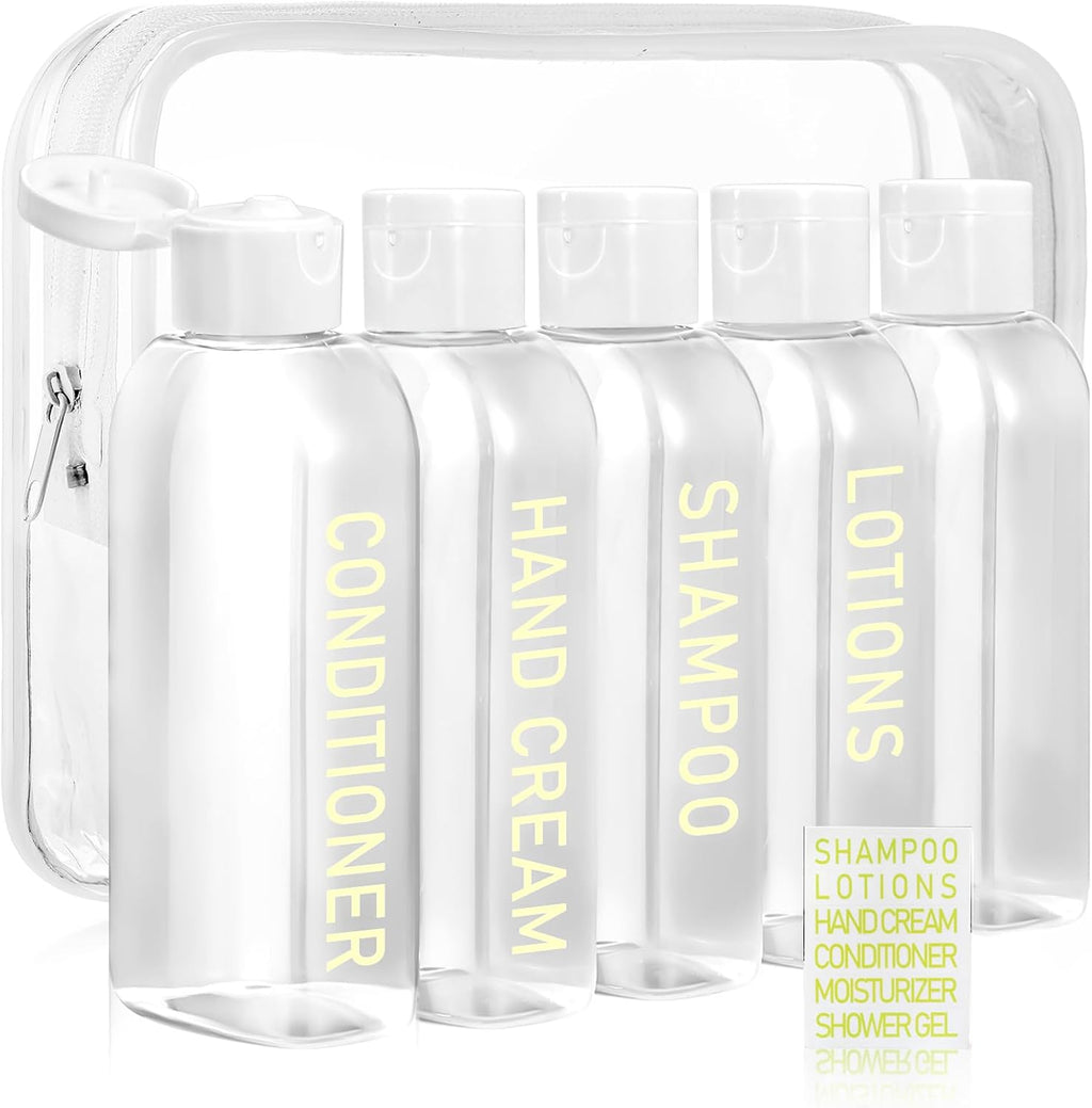 5 Pack Travel Bottles for Toiletries, 3.4oz TSA Approved Travel Containers | Leak Proof Refillable Travel Accessories for Shampoo Conditioner, Plastic Travel Bottles with Toiletry Bag and Label