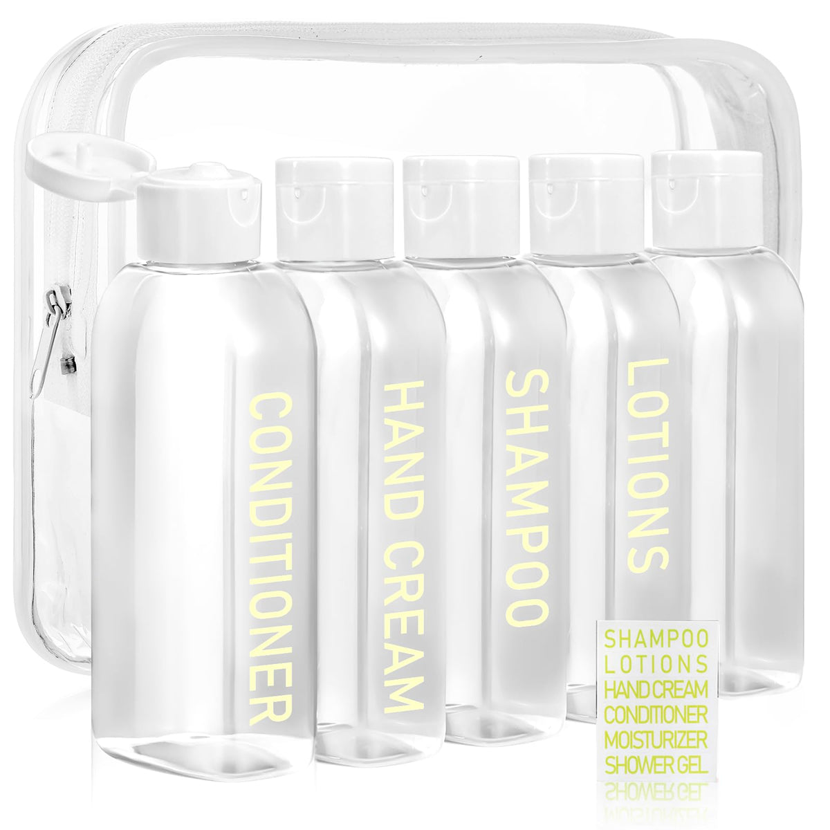 5 Pack Travel Bottles for Toiletries, 3.4oz TSA Approved Travel Containers | Leak Proof Refillable Travel Accessories for Shampoo Conditioner, Plastic Travel Bottles with Toiletry Bag and Label