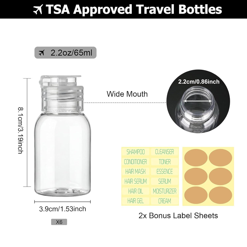 Travel Bottles for Toiletries 6 Pack 2.2oz Leak Proof Containers | Wide Mouth, TSA Approved, Refillable Squeeze Bottles with Flip Cap, for Shampoo Conditioner Body Wash Lotion(Clear)