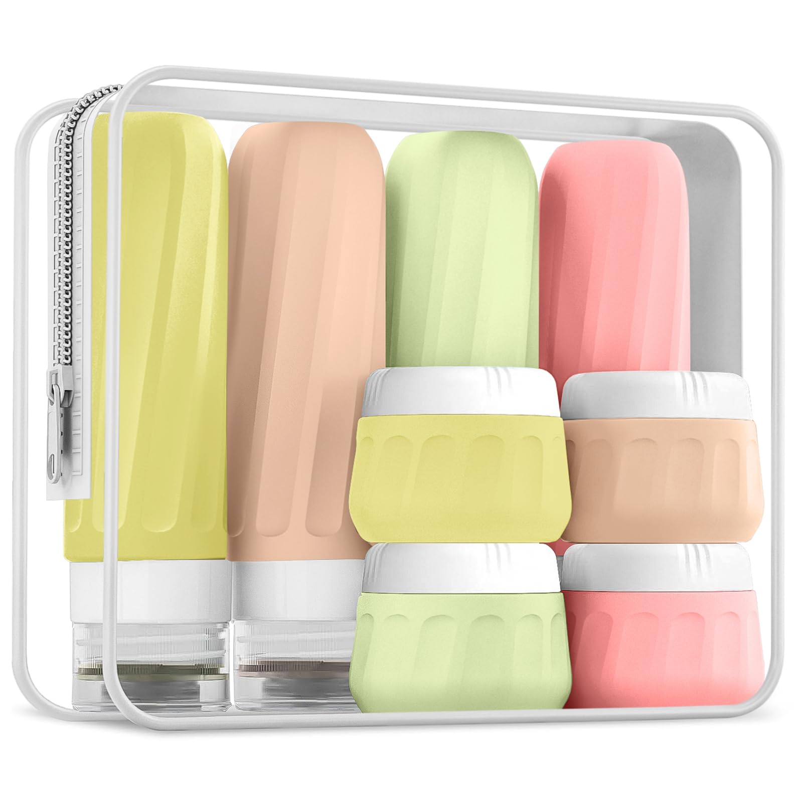 Mrsdry Travel Bottles for Toiletries 8 Pack, Travel Size Toiletries, Tsa Approved Travel Size Containers 3oz, with Travel Essentials Clear Bag, Leak Proof Silicone Squeezable Creams Jars
