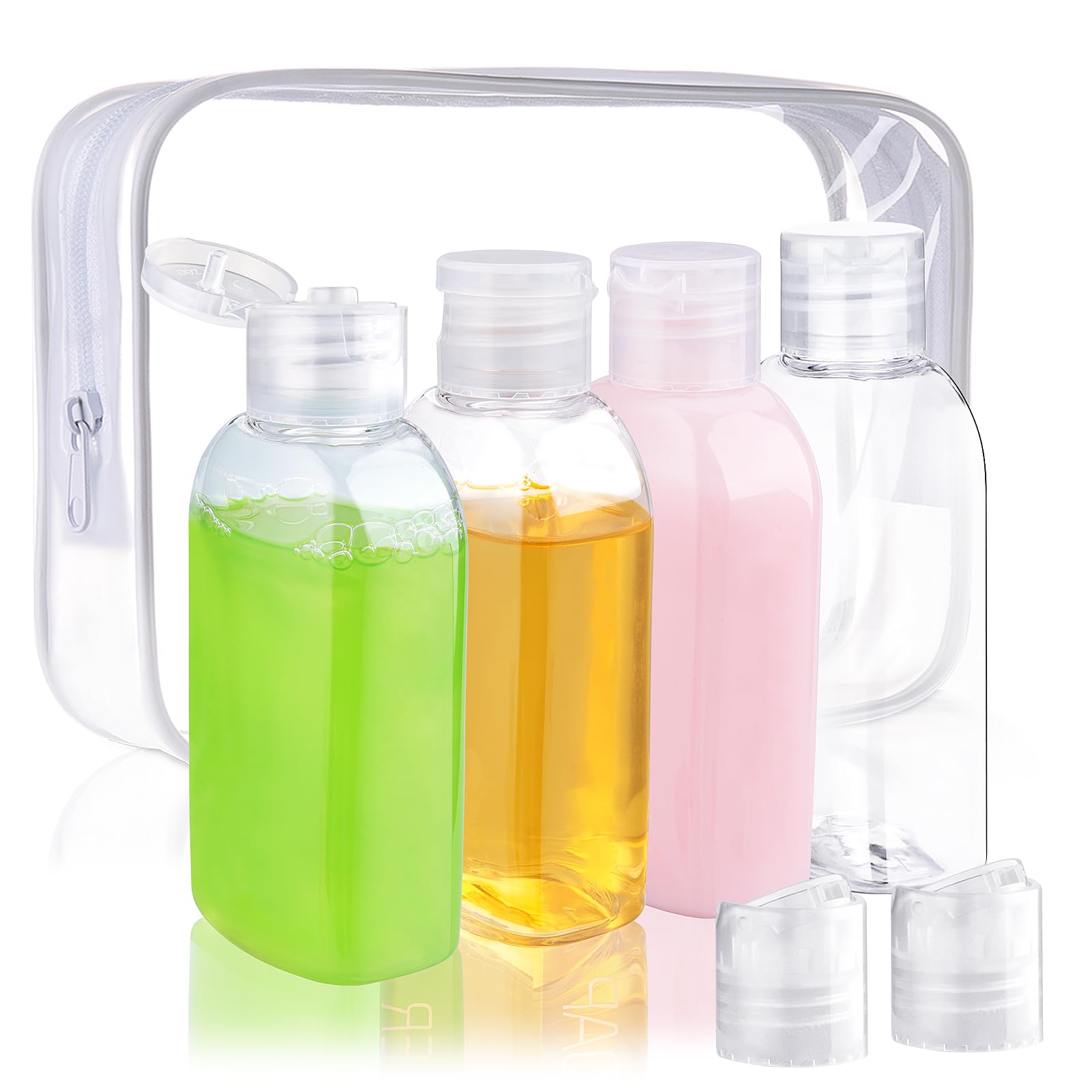 Cosywell 4 Pack 3.4 oz Preprinted Travel Bottles for Toiletries | Brown Bottles are Preprinted with SHAMPOO, CONDITIONER and BODY SOAP, One is Blank, Includes Flip Caps and a Toiletry Bag