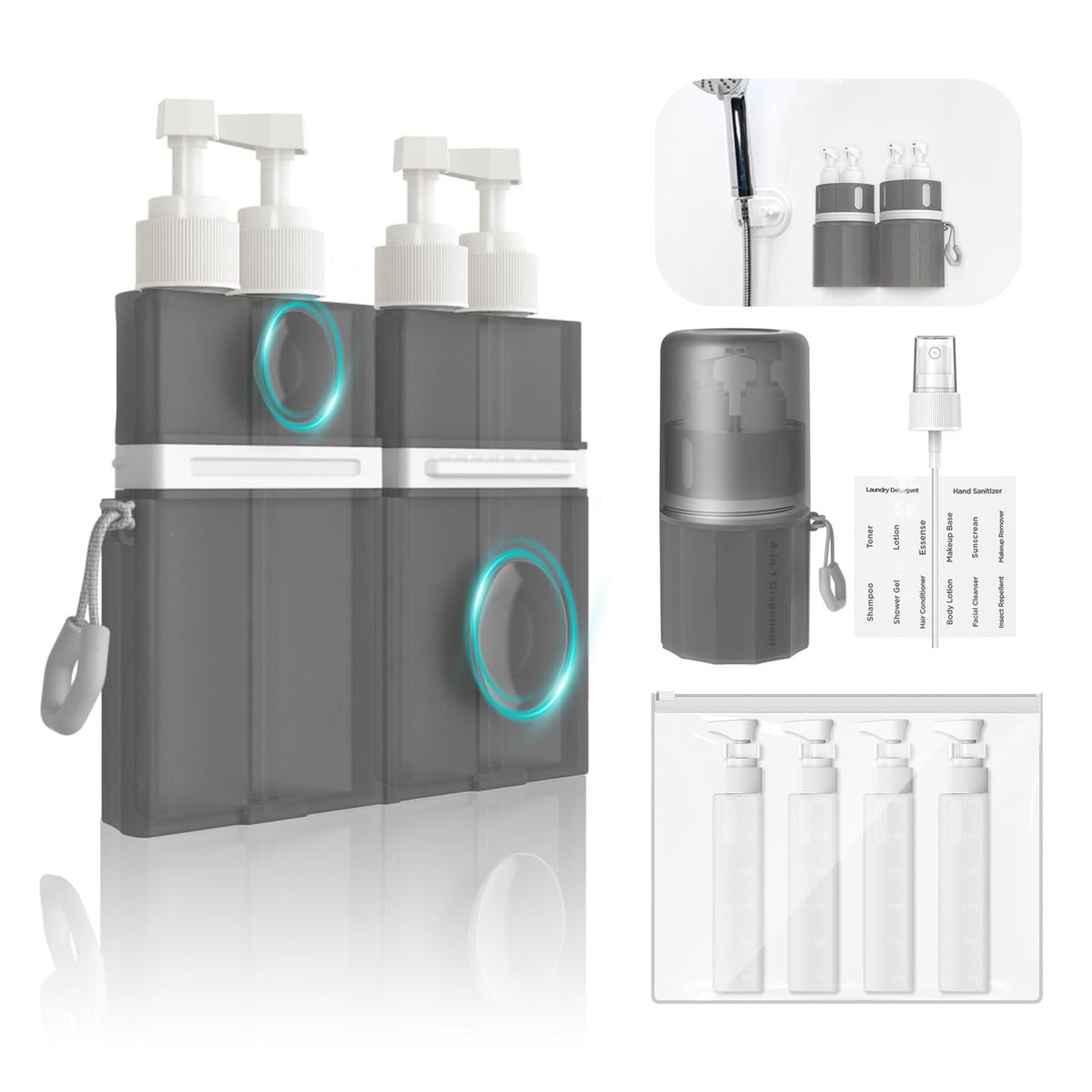YOTIME 4in1 Travel Dispenser Bottle, TSA Approved Travel Size Containers | TSA Approved, Vacuum Suction for Smooth Walls, Leak-Proof, Ideal for Hotel, Gym, Camping, Pink