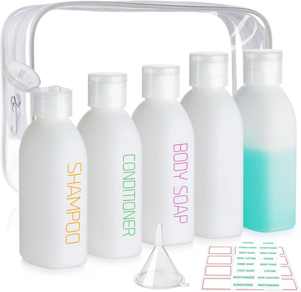 Cosywell Travel Bottles for Toiletries 5 Pack 3.4oz Travel Size Containers | Pre-Printed Shampoo, Conditioner, Body Soap, Soft Touch HDPE ,TSA Approved, Leak Proof, Squeezable Toiletry Bottle(White)