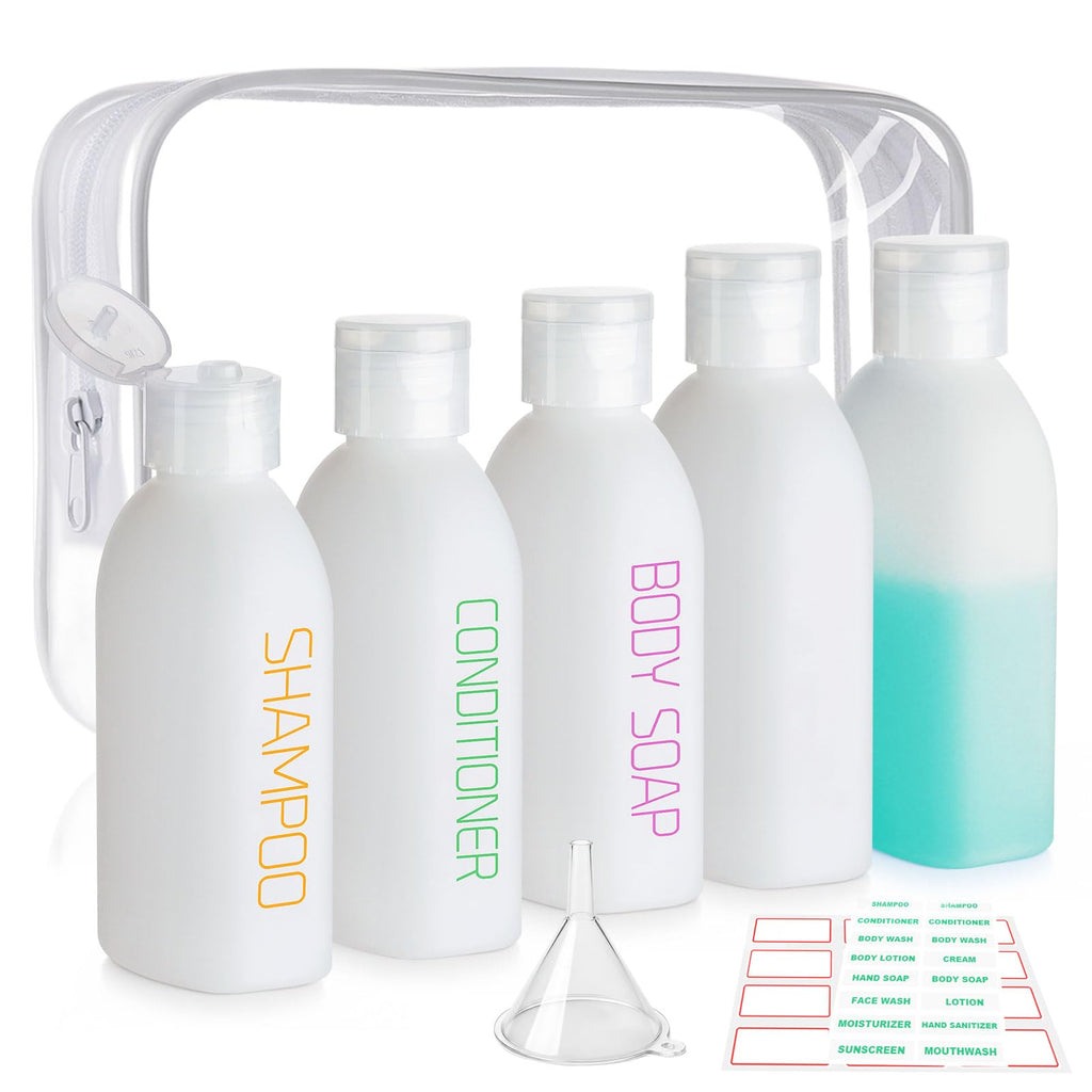 Cosywell Travel Bottles for Toiletries 5 Pack 3.4oz Travel Size Containers | Pre-Printed Shampoo, Conditioner, Body Soap, Soft Touch HDPE ,TSA Approved, Leak Proof, Squeezable Toiletry Bottle(White)