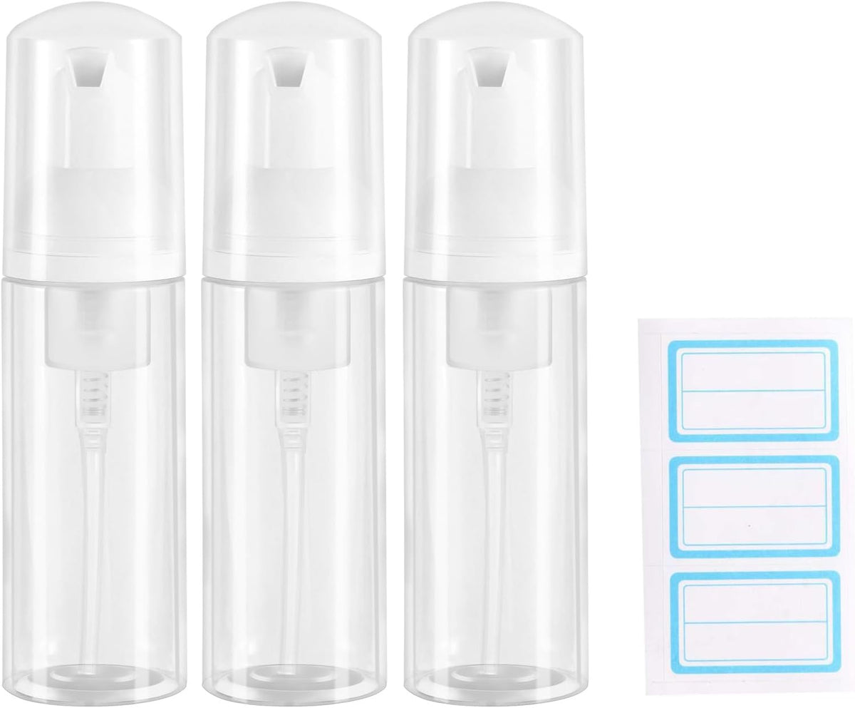 3pcs 2oz Small Size Mousse Plastic Travel Foam Pump Bottle Dispenser (60ml) | Clear, Leakproof, Tsa approved, Travelers Daily Use, for Hand Soap, Shampoo, Lash Cleanser