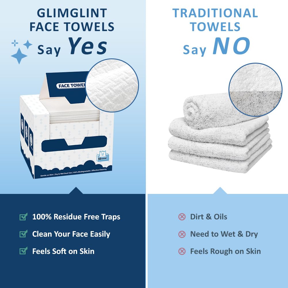 GLIMGLINT Face Towels, Disposable Face Towelettes 100 Count (2 Box) | Biodegradable Makeup Remover Dry Wipes, Super Soft Clean Facial Towels Wash Cloth for Sensitive Skin
