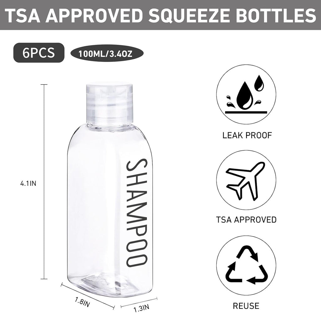3.4 oz Clear PET Travel Bottles for Toiletries 6-Pack | Reusable, Thick, Tight-Sealing Flip Caps, Print on Label, Permanent Identification Stays, 2 Label Sheets, for Toiletries