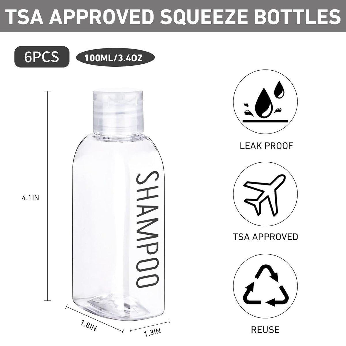3.4 oz Clear PET Travel Bottles for Toiletries 6-Pack | Reusable, Thick, Tight-Sealing Flip Caps, Print on Label, Permanent Identification Stays, 2 Label Sheets, for Toiletries