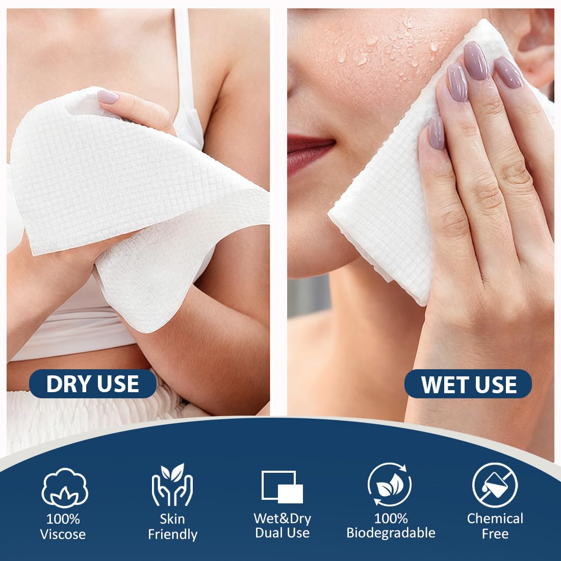 GLIMGLINT Face Towels, Disposable Face Towelettes 100 Count (2 Box) | Biodegradable Makeup Remover Dry Wipes, Super Soft Clean Facial Towels Wash Cloth for Sensitive Skin