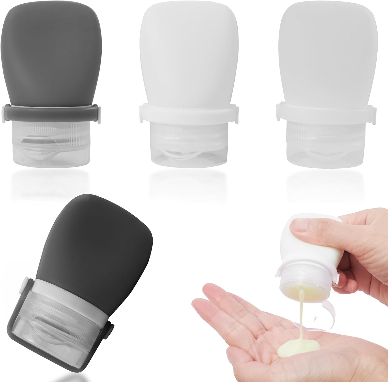 1oz Silicone Travel Bottles for Toiletries (4-Pack), TSA Approved Leakproof Toiletry Bottles with Locking Lid, Refillable Travel Size Containers for Shampoo, Body Wash, Camping & Trips (Grey White)