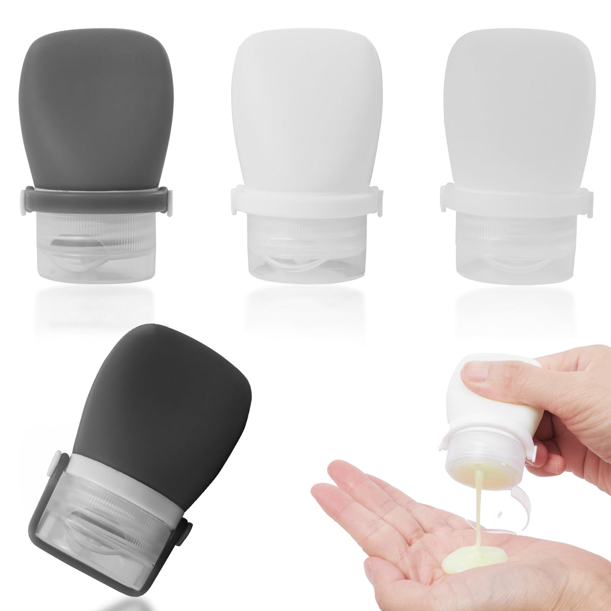 1oz Silicone Travel Bottles for Toiletries (4-Pack), TSA Approved Leakproof Toiletry Bottles with Locking Lid, Refillable Travel Size Containers for Shampoo, Body Wash, Camping & Trips (Grey White)