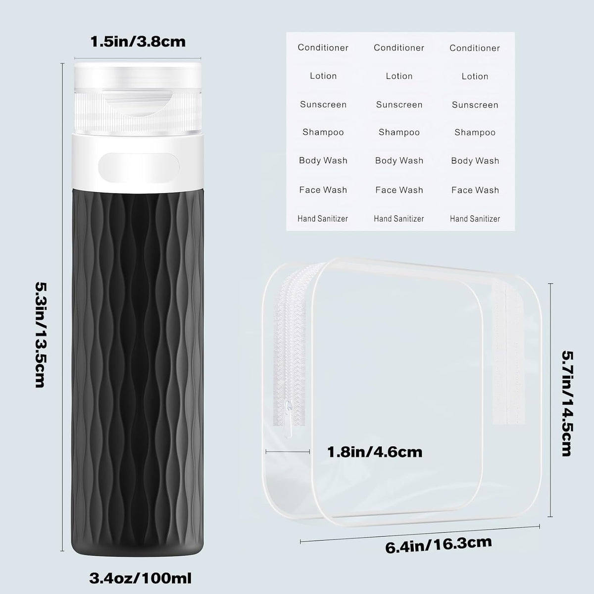 Travel Size Bottles for Toiletries, TSA Approved Travel Containers 3.4oz | Silicone Travel Shampoo & Conditioner Toiletry Bottles, Leak Proof Refillable Travel Essentials Squeeze Bottles, BPA Free