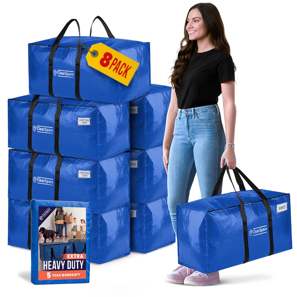 ClearSpace Heavy Duty Moving Bags - Water Resistant Storage Bags with Backpack Straps, Zippers and Handles - Large Moving Boxes for College Dorm, Travel, Closet Organization - 6 Pack, Clear | Heavy-duty moving bags with backpack straps, zippers, and handl