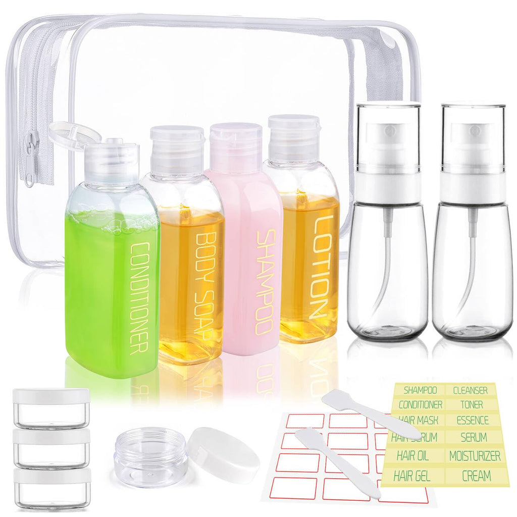 Cosywell Travel Bottles for Toiletries 9PCS 3.4oz White Shampoo Bottles | TSA Approved Travel Size Containers, 2oz Spary Bottle, Leakproof, 0.35oz Plastic Cream Jars, and a Toiletry Bag