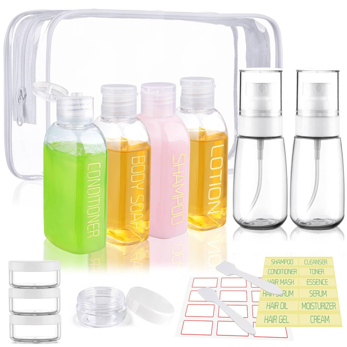 Cosywell Travel Bottles for Toiletries 9PCS 3.4oz White Shampoo Bottles | TSA Approved Travel Size Containers, 2oz Spary Bottle, Leakproof, 0.35oz Plastic Cream Jars, and a Toiletry Bag