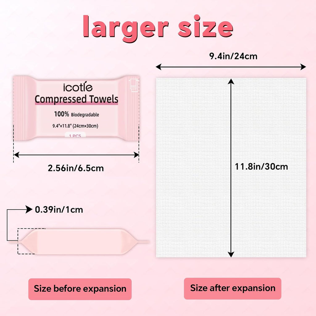 ICOTLE 50 Pcs Compressed Towels Disposable Cotton Coin Tissue Pack, Portable Face Cloths, Soft Thick Expandable Wash Towels for Travel, Home, Camping, Outdoor, Gym, Makeup Removal