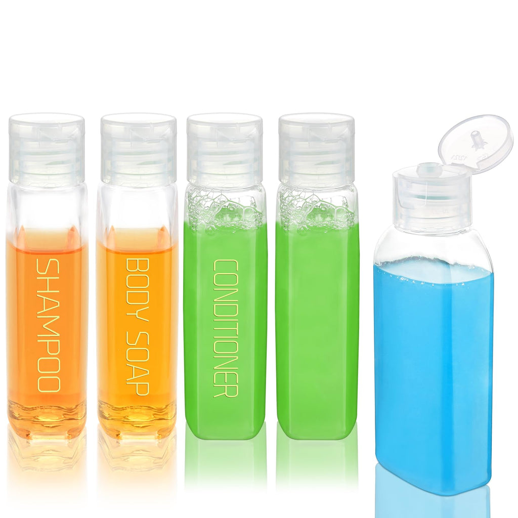 Cosywell 4 Pack 3.4 oz Preprinted Travel Bottles for Toiletries | Brown Bottles are Preprinted with SHAMPOO, CONDITIONER and BODY SOAP, One is Blank, Includes Flip Caps and a Toiletry Bag