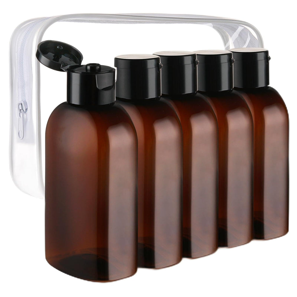 Cosywell 5pcs 3.4oz TSA Approved Amber Travel Bottles for Toiletries | Travel Shampoo Bottles, Leak Proof, Empty Lotion Containers, with Flip Cap, Plastic Squeeze Bottle, and a Toiletry Bag
