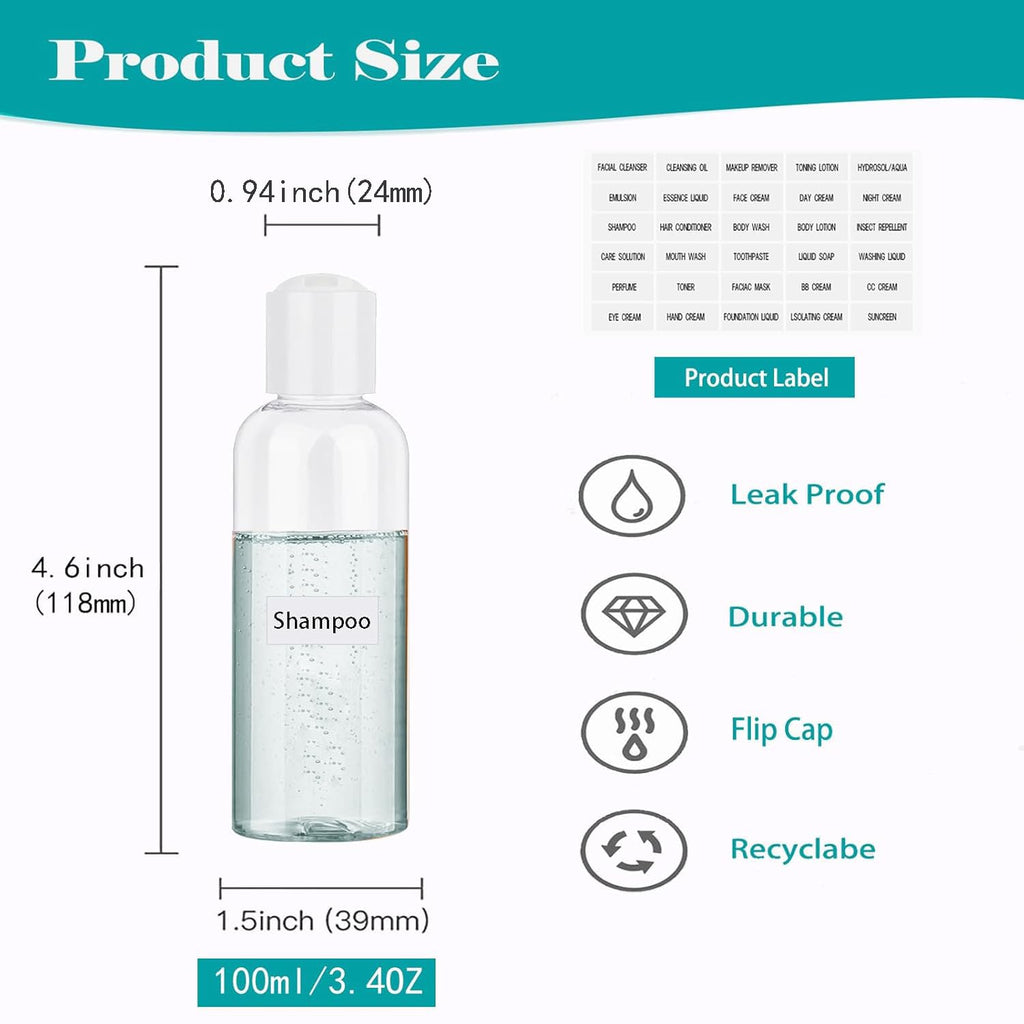 Toiletry Travel Bottles for Men Women, 3.4oz/100ml Refillable Plastic Containers with TSA Approved Toiletry Bag - Clear Cosmetic Kit for Shampoo, Conditioner, Lotion and Travel Essential(4Pack, Black)