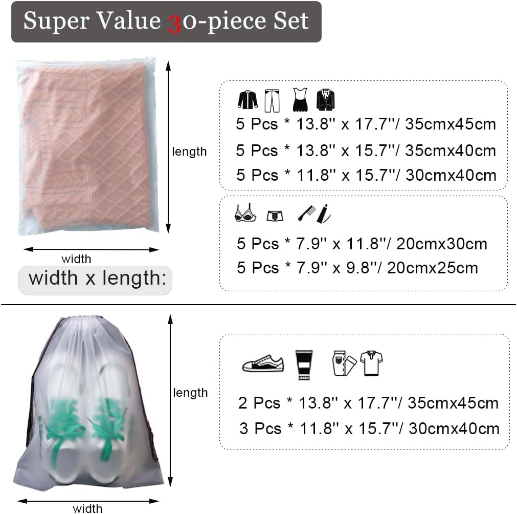 30Pack Travel Packing Bags, Multi-Size Clothing Organizer Zipper Bag | 6 Sizes Frosted Plastic Travel Bags. Clothes, Shoes, Toiletries, Swimsuits Suitcase Organizer. Lightweight Travel Accessories