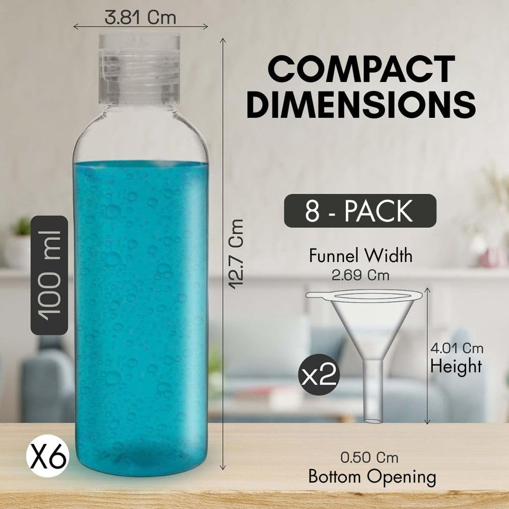 6 Pack Travel Bottles - Travel Containers for Toiletries - TSA Approved Size - Refillable Empty Plastic Bottles with 2 Labels, Funnels & Carry Bag - For Shampoo, Lotion, Conditioner, Sanitizer - 3.4oz