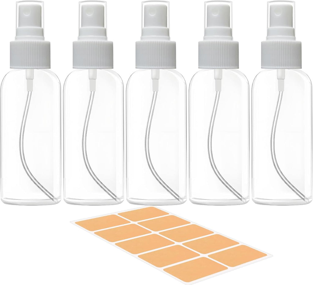 DNSEN 5 Pack 3.4 oz Travel Spray Bottles TSA Approved Fine Mist Travel Size Spray Bottle for Liquids Refillable Empty Clear Plastic Bottles with Labels