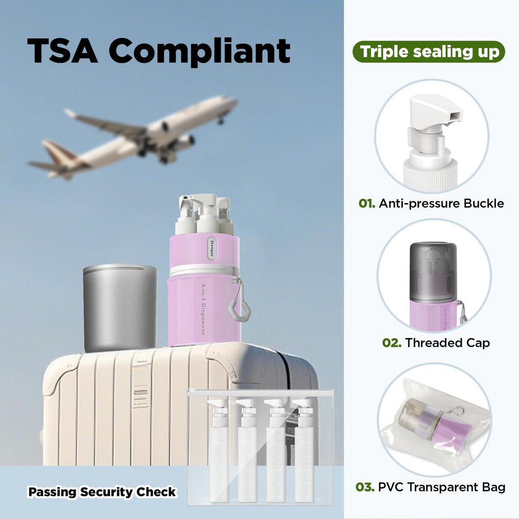 YOTIME 4in1 Travel Dispenser Bottle, TSA Approved Travel Size Containers | TSA Approved, Vacuum Suction for Smooth Walls, Leak-Proof, Ideal for Hotel, Gym, Camping, Pink