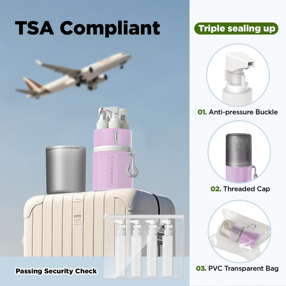 YOTIME 4in1 Travel Dispenser Bottle, TSA Approved Travel Size Containers | TSA Approved, Vacuum Suction for Smooth Walls, Leak-Proof, Ideal for Hotel, Gym, Camping, Pink