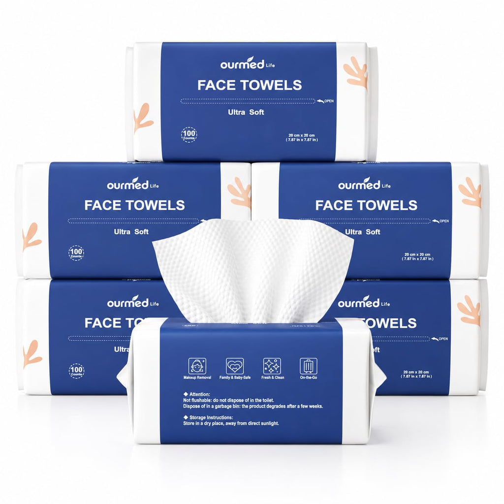 Ourmed Life Face Towels, Disposable Biodegradable Clean Facial Towels for Sensitive Skin, Lint- free Face Cloths for Makeup Remover, Skincare and Women Cleaning, Dry Wipes,100 Count EF Texture | Clinically Tested, Reduce Redness, Skin Soothing, Sensitive