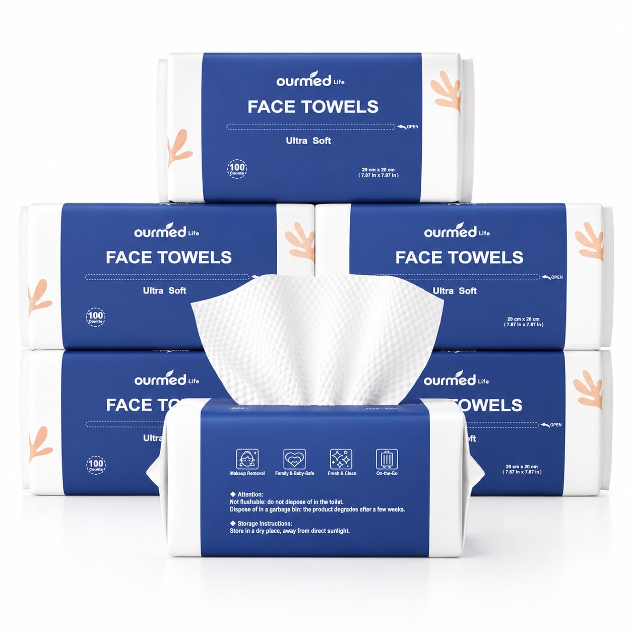 Ourmed Life Disposable Face Towels for All Skin, 100 Count - Ultra Value | Clinically Tested, Reduce Redness, Skin Soothing, Sensitive Skin friendly, Biodegradable, Skincare, Women Cleansing,Absorbent