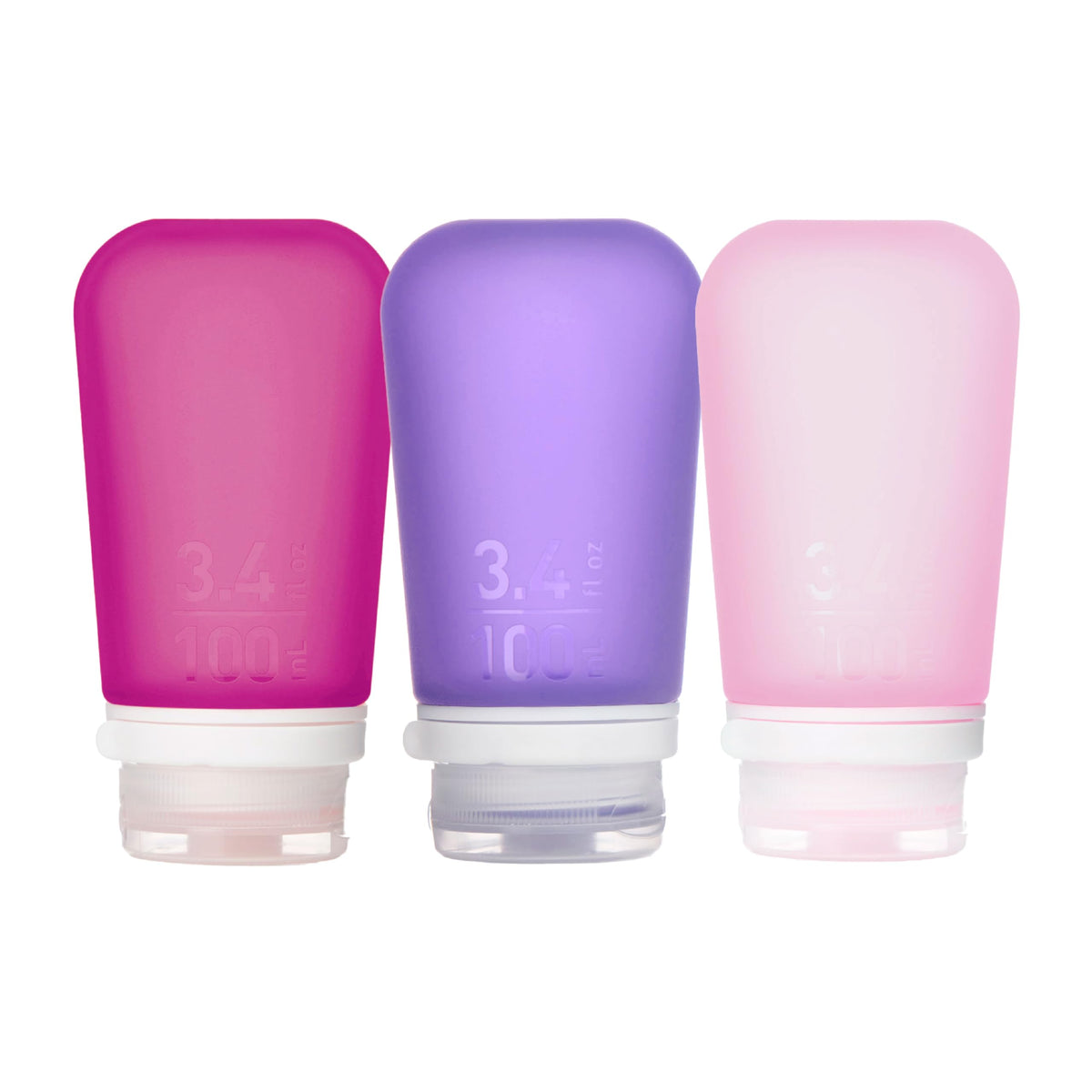 humangear GoToob+ 3-Pack, Small (1.7 fl oz), Clear/Purple/Teal | Refillable & Leak-Proof Silicone Travel Size Bottles with Locking Cap for Toiletries, Camping & TSA Carry-On