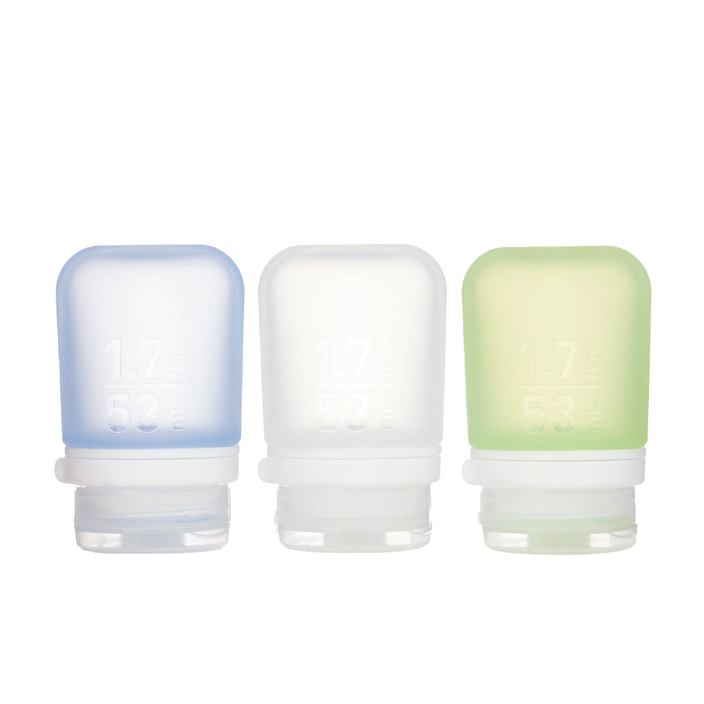 humangear GoToob+ 3-Pack, Small (1.7 fl oz), Clear/Purple/Teal | Refillable & Leak-Proof Silicone Travel Size Bottles with Locking Cap for Toiletries, Camping & TSA Carry-On