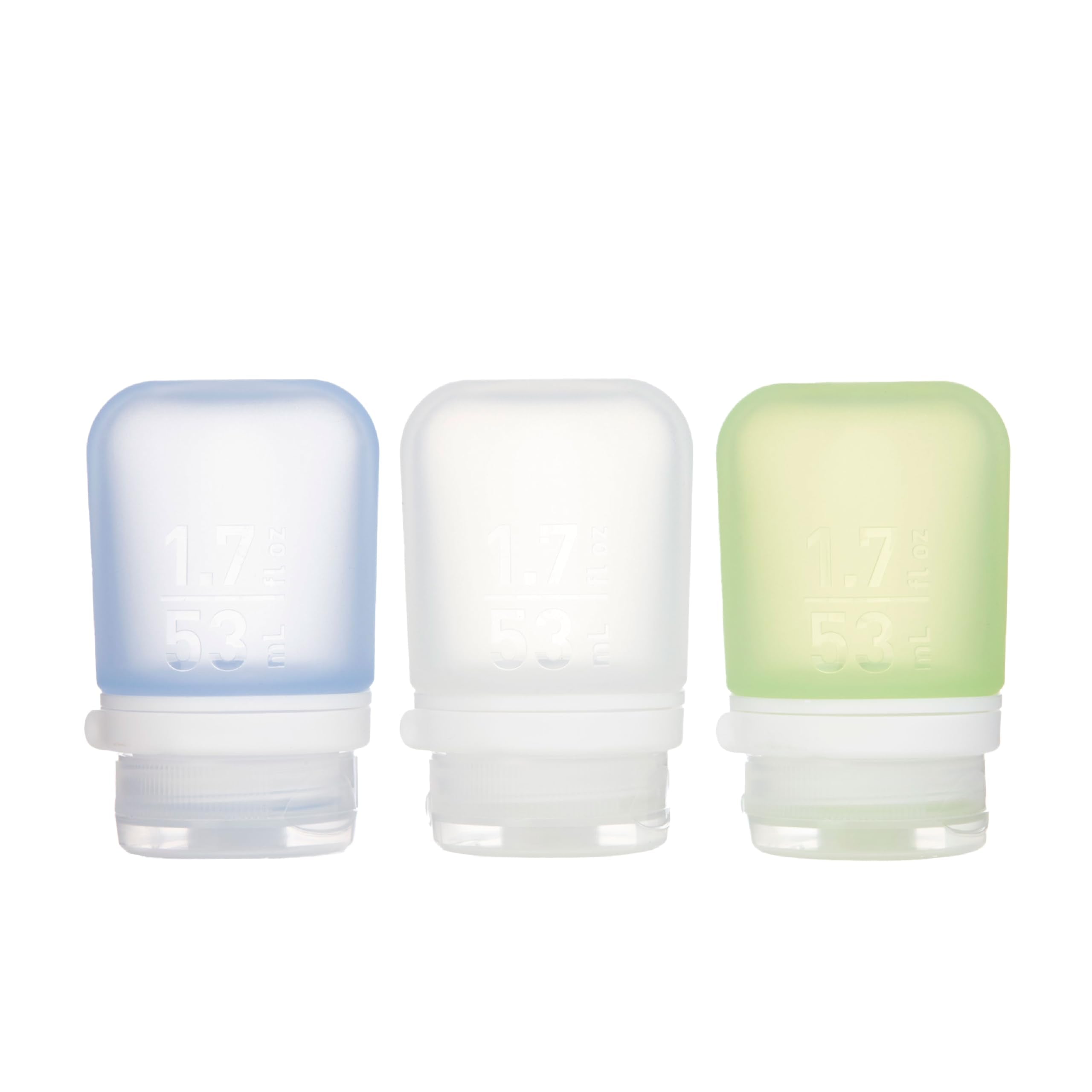 humangear GoToob+ 3-Pack, Small (1.7 fl oz), Clear/Purple/Teal | Refillable & Leak-Proof Silicone Travel Size Bottles with Locking Cap for Toiletries, Camping & TSA Carry-On