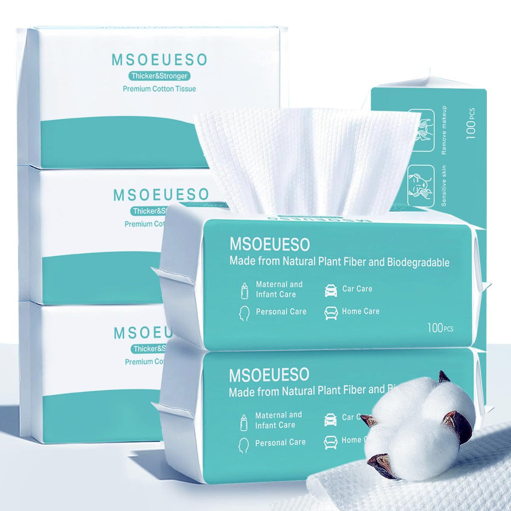 MSOEUESO Soft Dry Wipes Cotton Facial Tissues, 100 Count Disposable Face Towels, Cotton Face Towel for Sensitive Skin, Facial Cleansing, Makeup Removing, Surface Cleaning