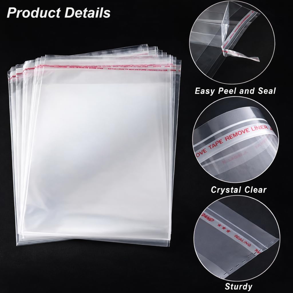 Yotelab Clear Self Sealing Cellophane Bags for Shirts, 10x14 Inch, 100 Pcs | Clear Shirt Bags for Small Business, Thick Resealable Plastic Bags for Packaging Clothing and Products