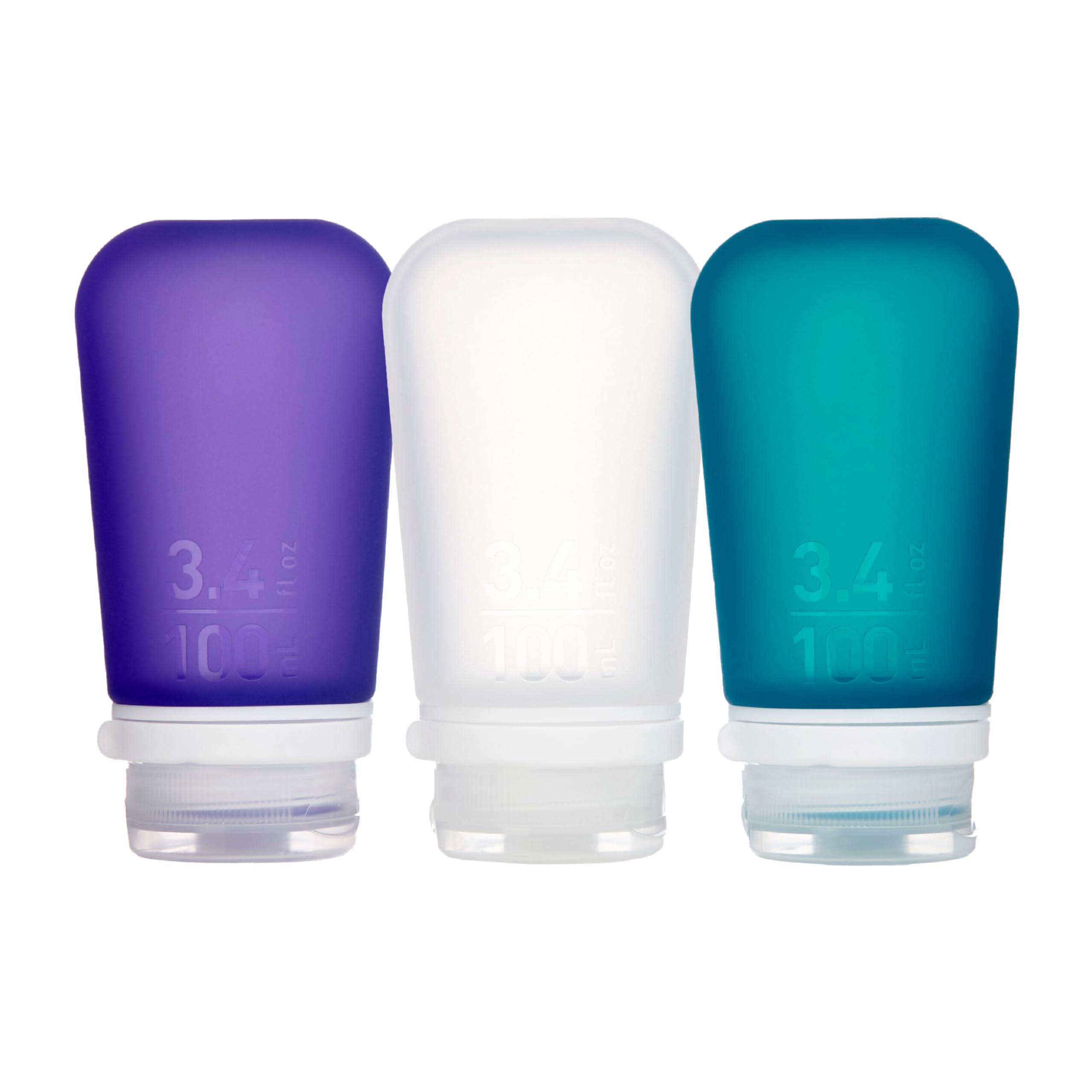 humangear GoToob+ 3-Pack, Small (1.7 fl oz), Clear/Purple/Teal | Refillable & Leak-Proof Silicone Travel Size Bottles with Locking Cap for Toiletries, Camping & TSA Carry-On