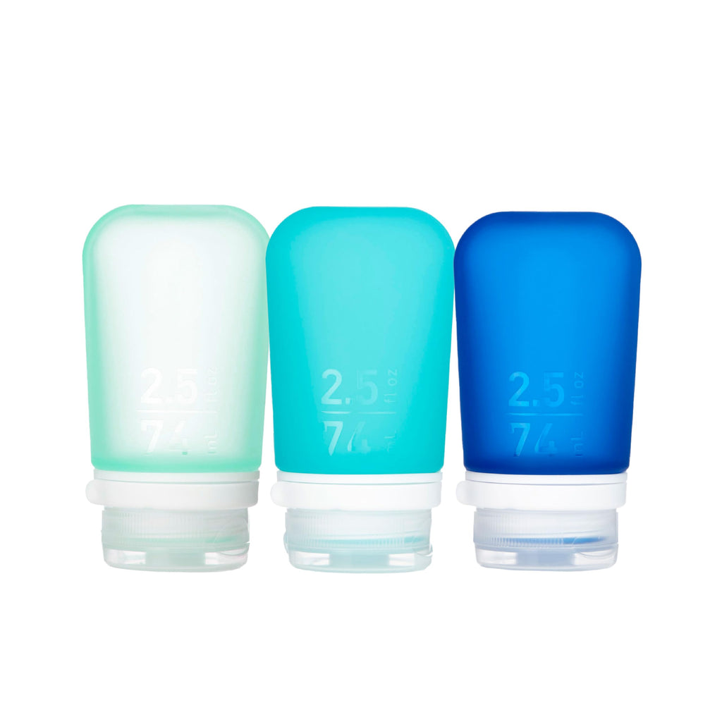 humangear GoToob+ 3-Pack, Small (1.7 fl oz), Clear/Purple/Teal | Refillable & Leak-Proof Silicone Travel Size Bottles with Locking Cap for Toiletries, Camping & TSA Carry-On