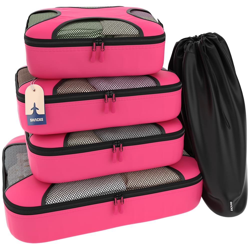 Shacke 5 Set Packing Cubes for Travel with Laundry Bag (Pure Black) | Suitcase Organizer Bags Set: 4 Water-Resistant Luggage Cubes, XL to Small, + Laundry Bag for Carry-On or Checked