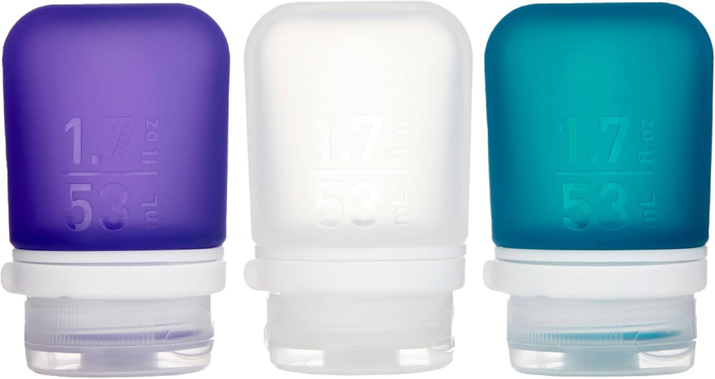 humangear GoToob+ 3-Pack, Small (1.7 fl oz), Clear/Purple/Teal | Refillable & Leak-Proof Silicone Travel Size Bottles with Locking Cap for Toiletries, Camping & TSA Carry-On